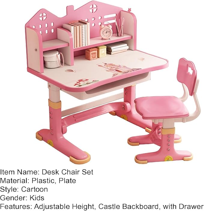Kids Adjustable Study Desk & Chair Set w/Storage,Drawers,Bookshelf,Child Toddler Writing Homework Table,Little Girl Work Computer Desk,Princess Preschool Desk,Escritorio Mesas para Niña (Pink A)