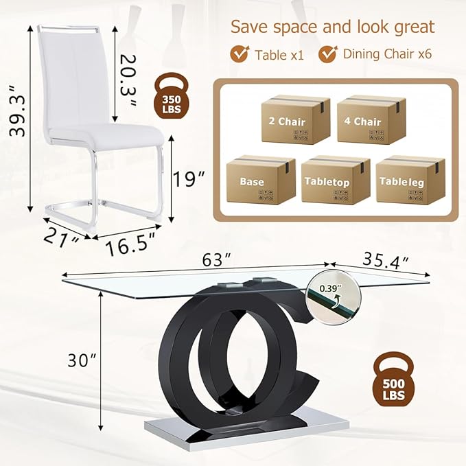 63'' Glass Dining Table Set for 6, Kitchen Table Chairs Set of 6, Clear Glass Dining Table with Black unique design Leg and Silver Metal Base, 6 PU Dining Chairs with Metal Legs, Living Room, Kitchen.