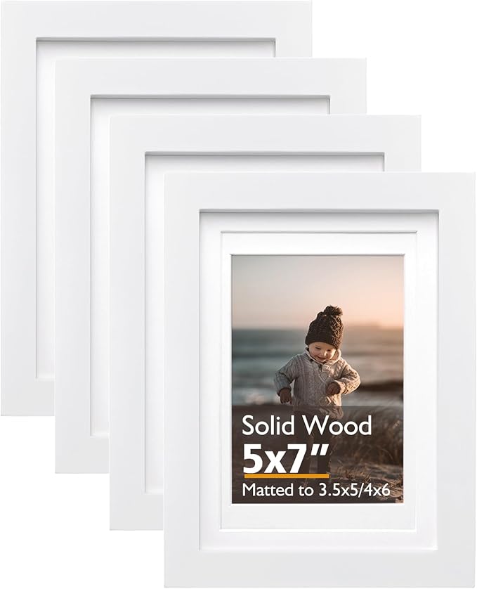 KINLINK 5x7 Picture Frame White, Solid Wood Frames with Acrylic Plexiglass for Pictures 4x6 With Mat or 5x7 Without Mat,Tabletop and Wall Display Photo Frame Set of 4