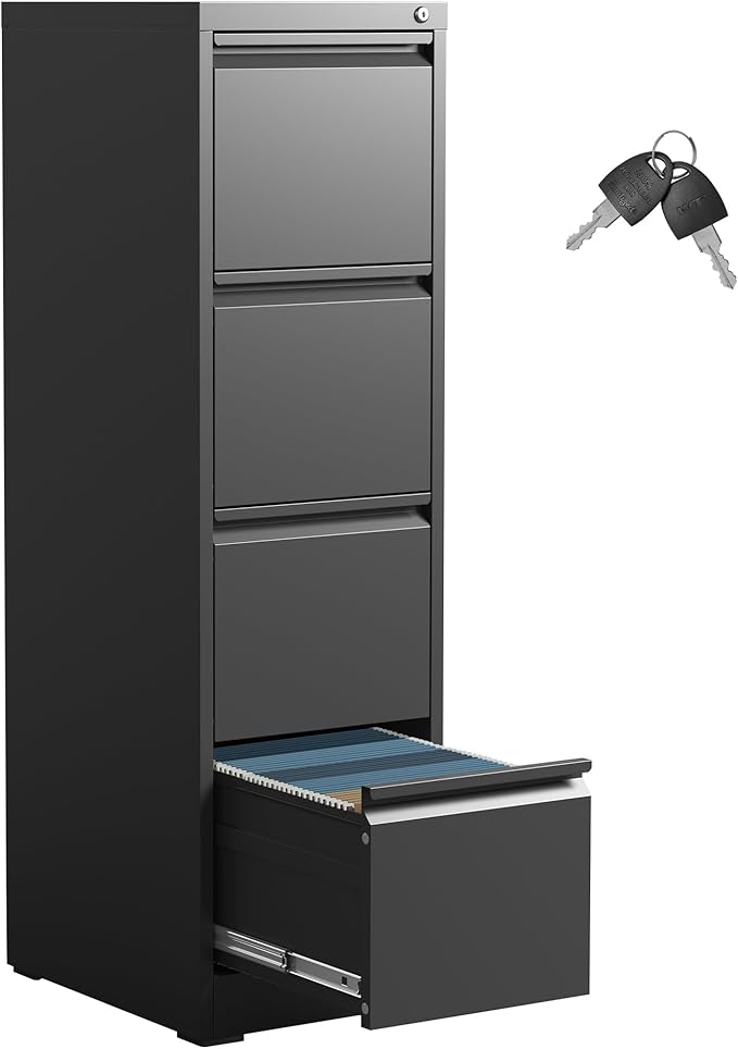 4 Drawer File Cabinet,Metal Filing Cabinets with Lock,Black Vertical File Cabinet for Home Office,Heavy Duty Metal Storage Cabinet for A4/Letter/Legal Size File,Assembly Required