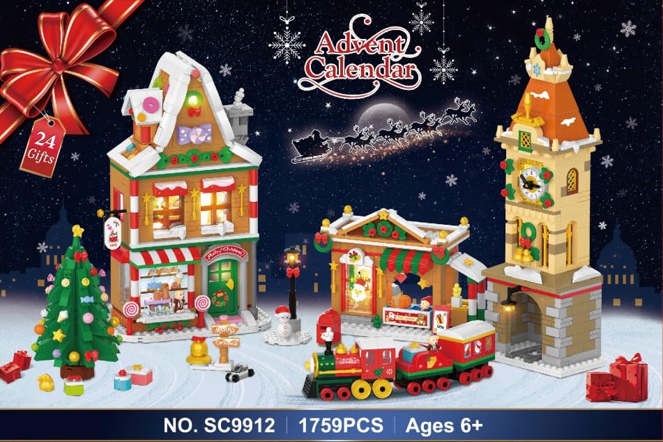 INSOON 2025 Advent Calendar Christmas Mini Building Set with Light, 24 Days Countdown City Main Street Building Block Kit with Xmas Tree, Holiday Gift Building Toys for Adults Kids Boys Girls Ages 8+