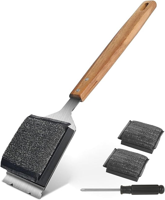 Grill Brush Cleaning BBQ Outdoor: GEEKHOM Bristle-Free Steel Fibers Scraper for Any Grill/Flat Top Griddles - with 1 Replaceable Head - Perfect for Safe & Efficient Grilling