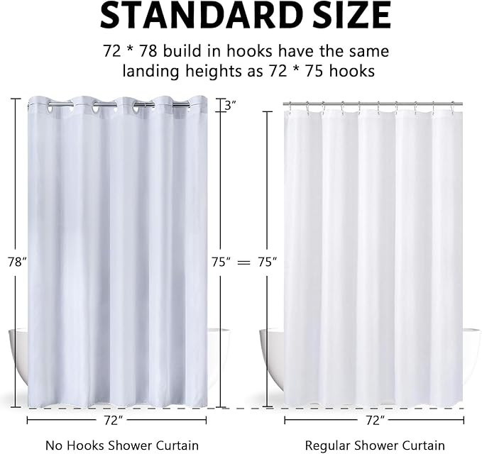 Furlinic No Hook Long Shower Curtain 78 Length,Soft Polyester Fabric Wahable Shower Curtain Liner,Modern Hotel Spa Style Bathroom Curtains with 10 Plastic Built-in Grommets,White 72x78 Inch