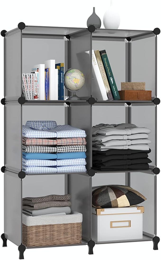 AWTATOS Cube Storage Organizer, Storage Cubes Shelves Bookshelf, 6 Cube Closet Organizers and Storage, DIY Stackable Plastic Clothes Organizer Shelving for Bedroom, Home, Grey
