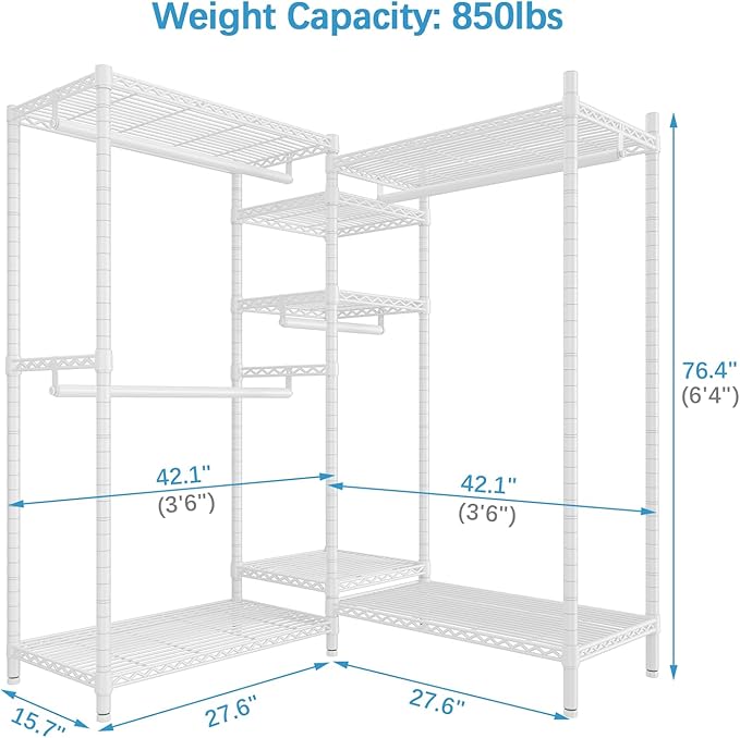 VIPEK L6 Heavy Duty Clothes Rack L Shape Clothing Rack 5-Tier Wire Garment Rack Freestanding Closet with 7 Adjustable Shelves & 4 Hanging Rods, 42" L x 42" W x 76.4" H, Max Load 850LBS, White