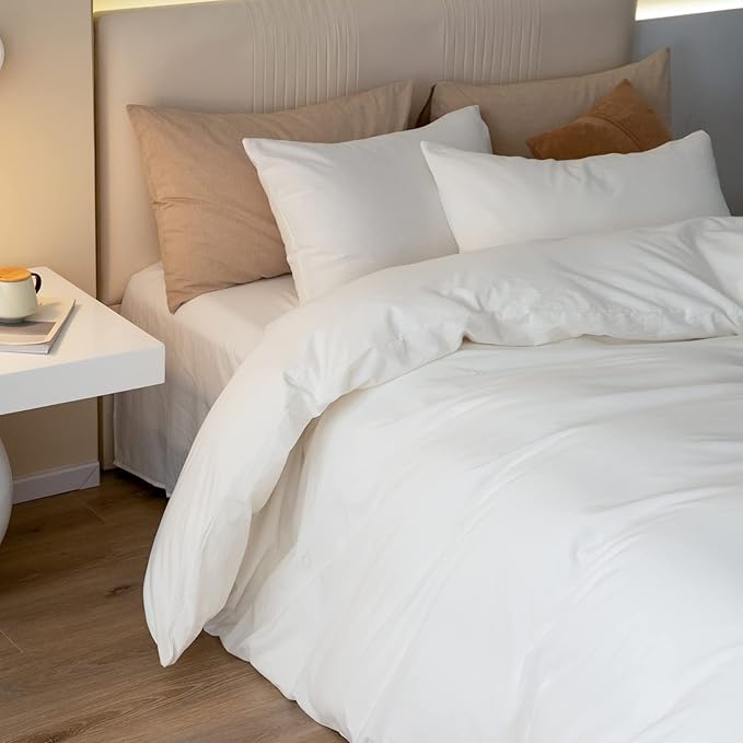 JIYUAN 100% Washed Cotton Duvet Cover Set 3 Pieces Cal King, 1 Duvet Cover 104x98 Inches(Comforter Not Included) and 2 Pillowcases,Linen Feel Bedding Set Comfy and Breathable,Off White