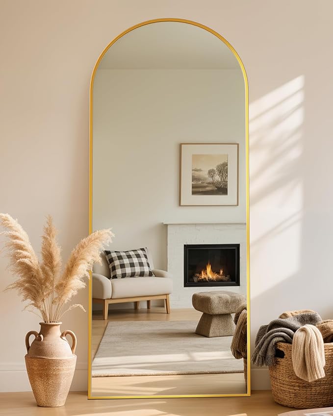 Full Length Mirror with Stand, 64"x21" Arched Full Body Mirror, Large Stand Up Aluminum Frame Floor Freestanding Hanging Leaning Mounted for Bedroom Living Room Entryway Gold