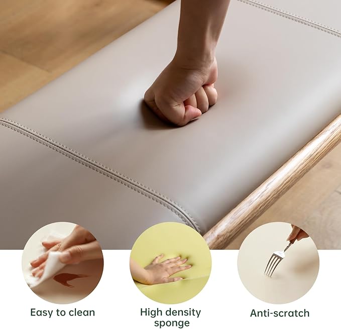 47.2'' Leather Upholstered Dining Bench with 100% Solid Oak Wood Bench Frame, Padded Bed End Bench Ottoman for Kitchen Living Room Bedroom Entryway, Champagne