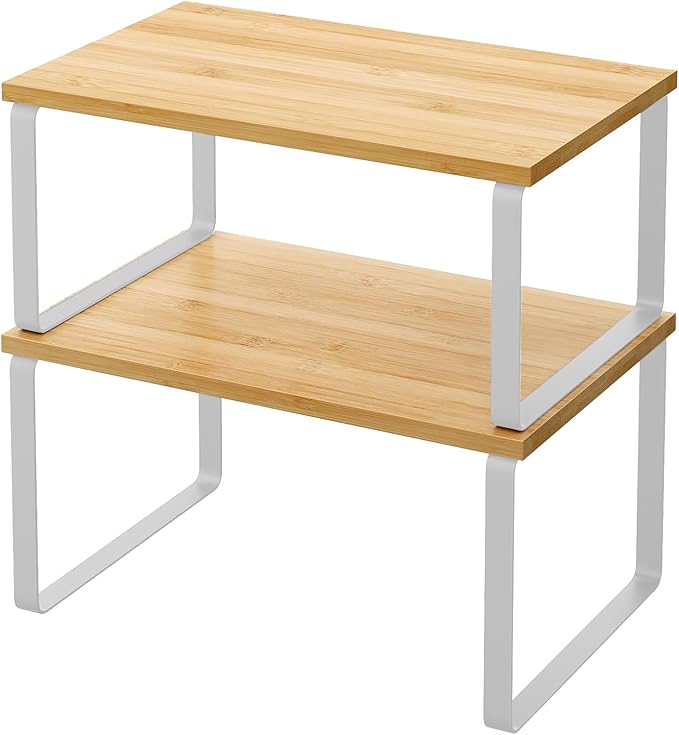 2 Pack Cabinet Organizer Shelves, Stackable and Expandable Kitchen Counter Shelf, for Kitchen Cabinet Countertop Storage, Spice Rack, Metal and Premium Bamboo (White, 11.7" W)