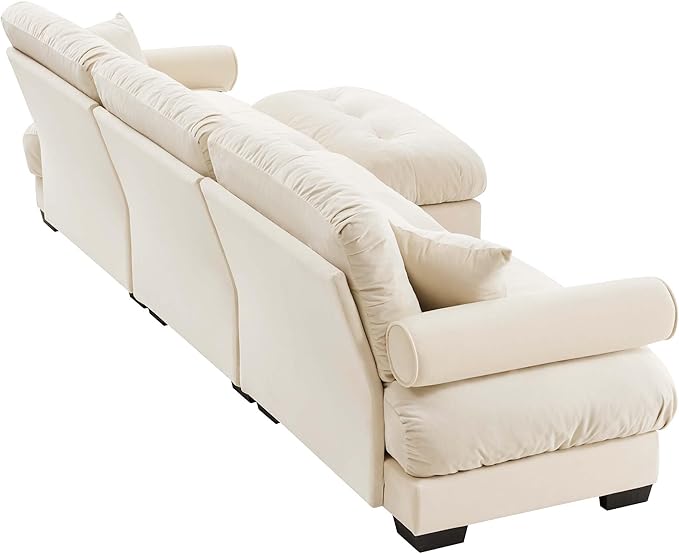 Ball & Cast 130" Oversized Modular Sofa,L Shaped 3-Seater Couch Sectional Couch with Round Bolster Armrests and 5 Pillows,Fluffy Velvet Deap Seat Couches w/Ottoman,for Living Room,Convertible,Cream