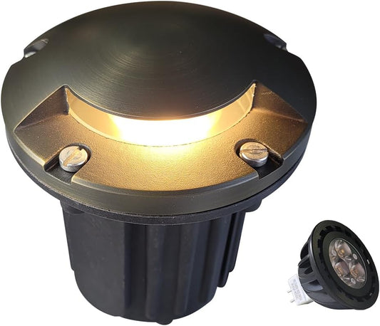 MALORY Low Voltage Landscape Well Lights,（5‘’H 12V Brass Top Cover Outdoor In Ground Lights,Landscape Lighting for Pathway, Driveway and Garden (One-Direction Turret, 1-Pack with Bulb)