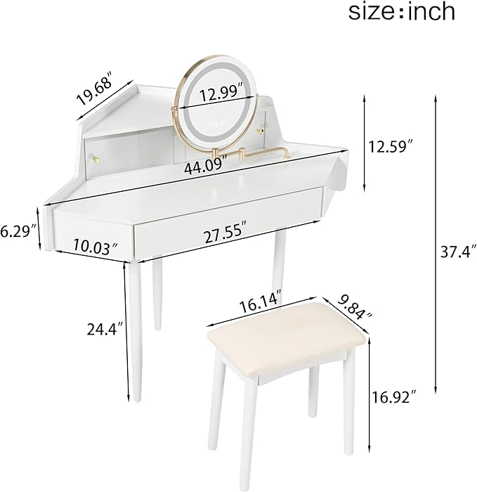 Merax Corner Vanity Desk with Mirror and Lights and Stool, White Makeup Vanity with Storage & Adjustable Light, Girl Glass Top Dressing Table with Small Sliding Glass Door, Drawer and Display Shelf