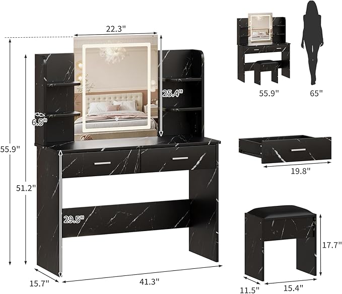 GAOMON Makeup Vanity Desk with Lights and Mirror, Vanity Table with 3 Lighting Modes, Storage Drawer, Shelves, Charging Station and Included Stool for Bedroom, Marble Black