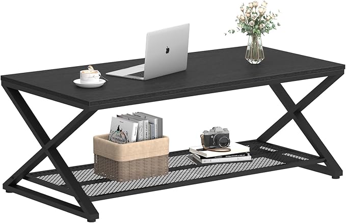 LVB Black Coffee Table, Wood Metal 2 Tier Center Tables with Storage Shelf, Modern Rectangular Concrete Tea Table for Living Room, Wooden Middle Cocktail Table for Office Bedroom, 47 inch, Black Oak