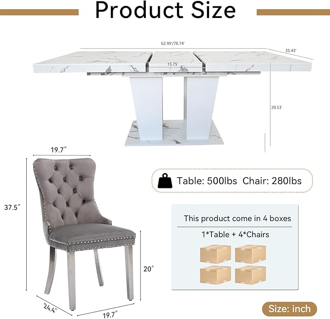 Goujxcy 5-Piece Extendable Dining Table Set for 4-8 People 63-78 Inch Kitchen Table Set with 4 Grey Upholstered Chairs Modern White Faux Marble Rectangular Dining Room Table Set for Kitchen Apartment