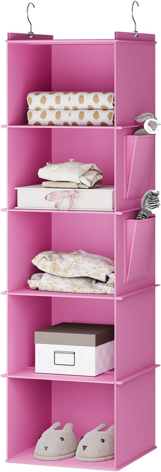 Hanging Closet Organizer, 5-Shelf Closet Hanging Storage Shelves, Light Pink