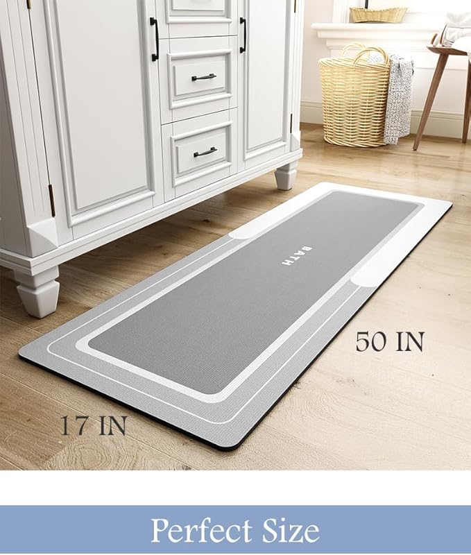 MontVoo Long Bath Mat Runner Non Slip Absorbent Stain Resistant Quick Dry Thin Bath Mat (17" x 50") - Grey