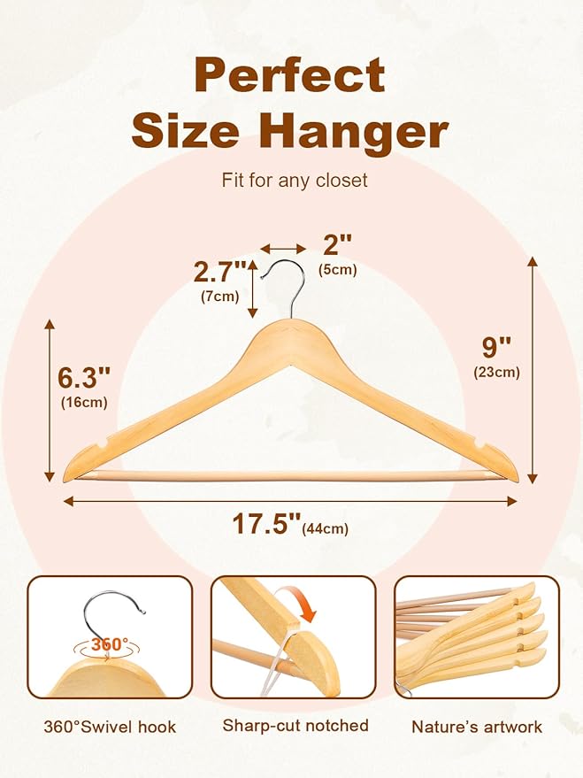 HOUSE DAY Wooden Hangers 10 Pack, Solid Wood Hanger with Non Slip Pant Bar, Heavy Duty Wooden Coat Hanger for Closet, Smooth Finish Wood Clothes Hangers for Shirts, Suits, Jackets, Dress, Natural