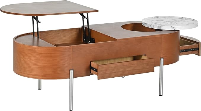 WILLIAMSPACE 47.2" Oval Lift Top Coffee Table with 360-degree Marble-Patterned Rotating Tray, Modern Wooden Center Table Side End Table Lift Tabletop with Hidden Compartment for Living Room, Brown