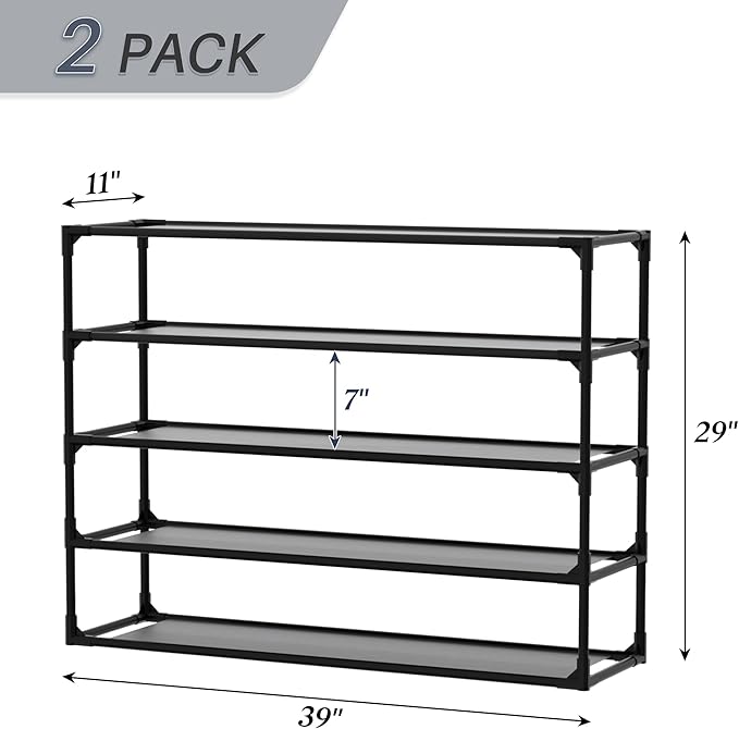TY ARTS & CULTURE 2 Pack 5-Tiers Shoe Rack Organizer, Sturdy Metal Pipes & Durable Non-Woven Fabric, Shoe Rack for Closet Hold 40-50 Pairs, Shoe Rack for Entryway (Black)