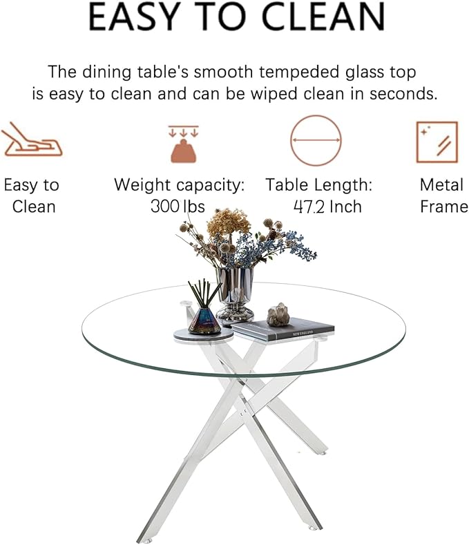 Goujxcy Round Dining Table Set for 4, Modern Glass Kitchen Table and Chairs Set of 4, 5 Piece Dining Room Table Set with 47" Circle Silver Metal Glass Dinner Tables and 4 Black Leather Dining Chairs
