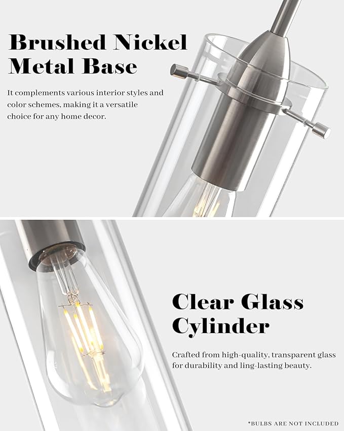 Brushed Nickel Pendant Lights Kitchen Island 1 Pack, Glass Pendant Light, Modern Clear Glass Pendant Light Fixture, Hanging Pendant Lights for Kitchen Island Dining Room Bar