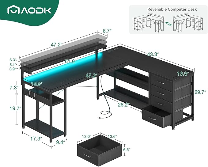 AODK 61" L Shaped Desk with Drawer, Computer Desk with Power Outlets & LED Lights, Reversible Corner Gaming Desk for Home Office Workstation, Office Desk with Monitor Shelf, Pure Black
