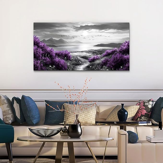 Canvas Wall Decor for Bedroom Large Wall Art for Living Room Modern Office Wall Decoration Purple Flowers Landscape Paintings Black and White Scenery Pictures Artwork Aesthetic Home Decor
