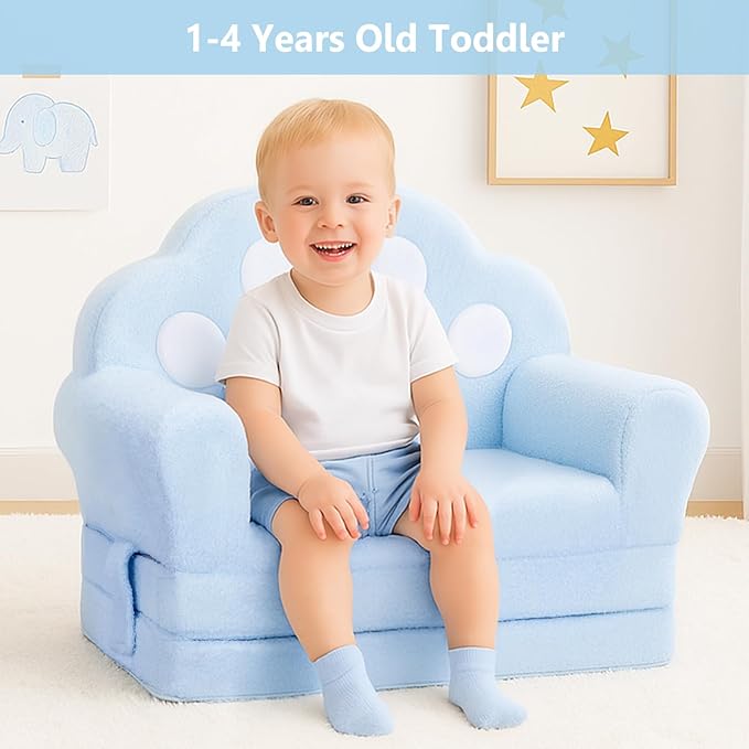 MONKISS Cat Paw Kids Couch, Toddler Chairs Comfy, Toddler Couch Bed Fold Out, Baby Lounge Chair, Birthday Gift for Girls, 1-4 Years Old, SF06, Blue