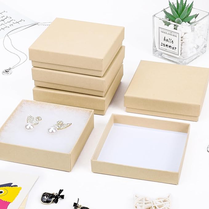Cardboard Jewelry Gift Boxes, 80 Pack 3.5x3.5x1 Inch, Bulk Cotton Filled Small Jewelry Boxes with Lids for Necklace Ring Bracelet Earring Display Box (Brown)