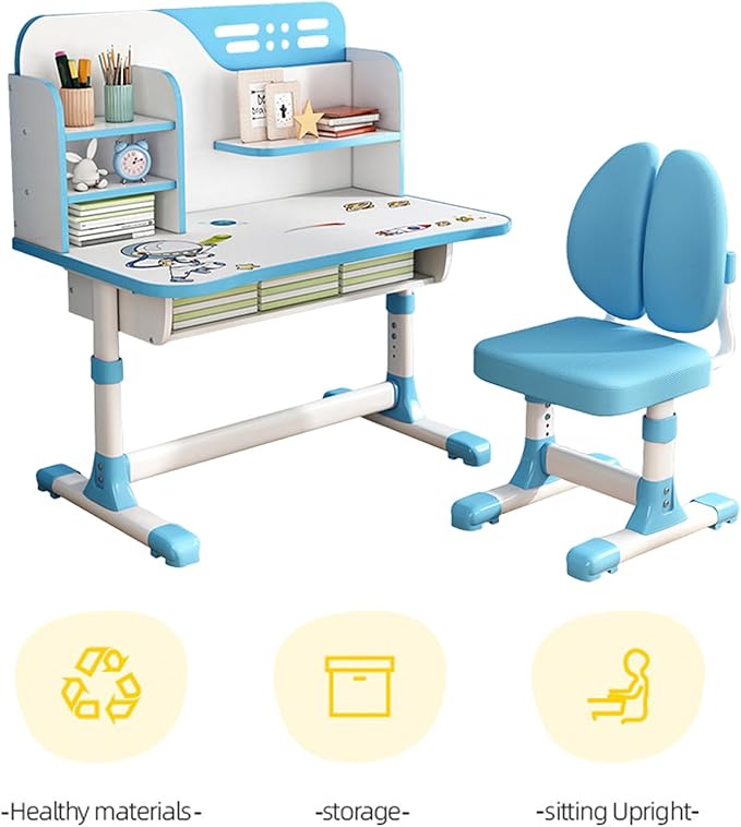 Study Desk with Chair, Height Adjustable Kids Desk and Chair Set, Widened Children Desktop, Children Learning Desk and Chai Set with Spacious Storage Drawer for Boys Girls (Blue-C)