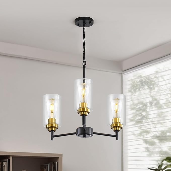 9MMML 3 Lights Black and Gold Chandelier, Modern Glass Ceiling Chandelier Light Fixture for Dining Room, Kitchen, Over Table,Foyer, E26 Base