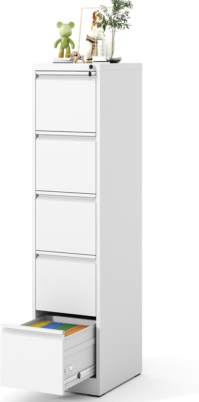 File Cabinet, Vertical File Cabinets with Lock for Home Office,Heavy Duty Office Steel Filing Cabinet for Hanging Letters/Legal/A4, Assembly Required (White, 5 Drawers)
