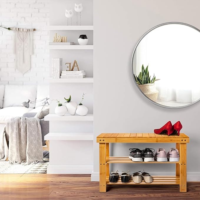 Leaf & Grain Bamboo Shoe Rack - Shoe Storage Bench for Front Door Entrance - Entryway Bench with Shoe Shelf, Shoe Storage Organizer, Wooden Shoe Rack, Durable Shoe Bench for Home (Brown)