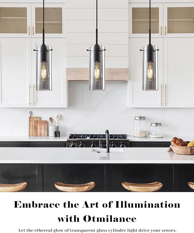 Smoke Gray Glass Pendant Light Kitchen Island, Kitchen Island Lights Ceiling Hanging, Kitchen Pendant Lights 2 Pack, Modern Clear Hanging Pendant Light for Kitchen, Living Room, Bathroom