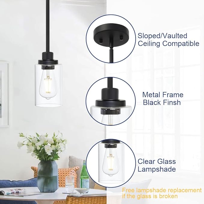 Black Industrial Pendant Light Fixtures, Kitchen Hanging Lighting with Clear Glass Cylinder Shade for Farmhouse Dining Room Coffee Bar Bedroom