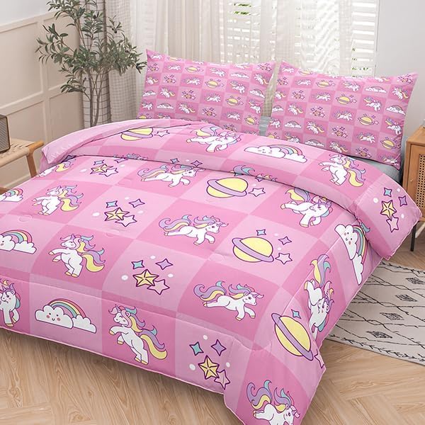 Tailor Shop Pink Full Bedding Sets for Girls Kids Chessboard Grid Unicorn Comforter Girls Comforter Set Unicorn Room Decor Ultra Soft Bed Set with 2 Pillowcase…