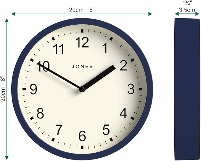 JONES CLOCKS® Spin Wall Clock | Small Modern Round Clock | 8inch | Dark Blue | Easy to Read Numbers | Ideal for Kitchen, Office, Children’s Room or Any Small Space