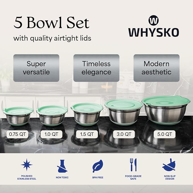 WHYSKO Stainless Steel Mixing Bowls with Lids Set - 5 Rustproof Metal Nesting Mixing Bowls for Kitchen, Meal Prep, Baking, Cooking, Storage - Includes 3 Grater Attachments, Dishwasher Safe