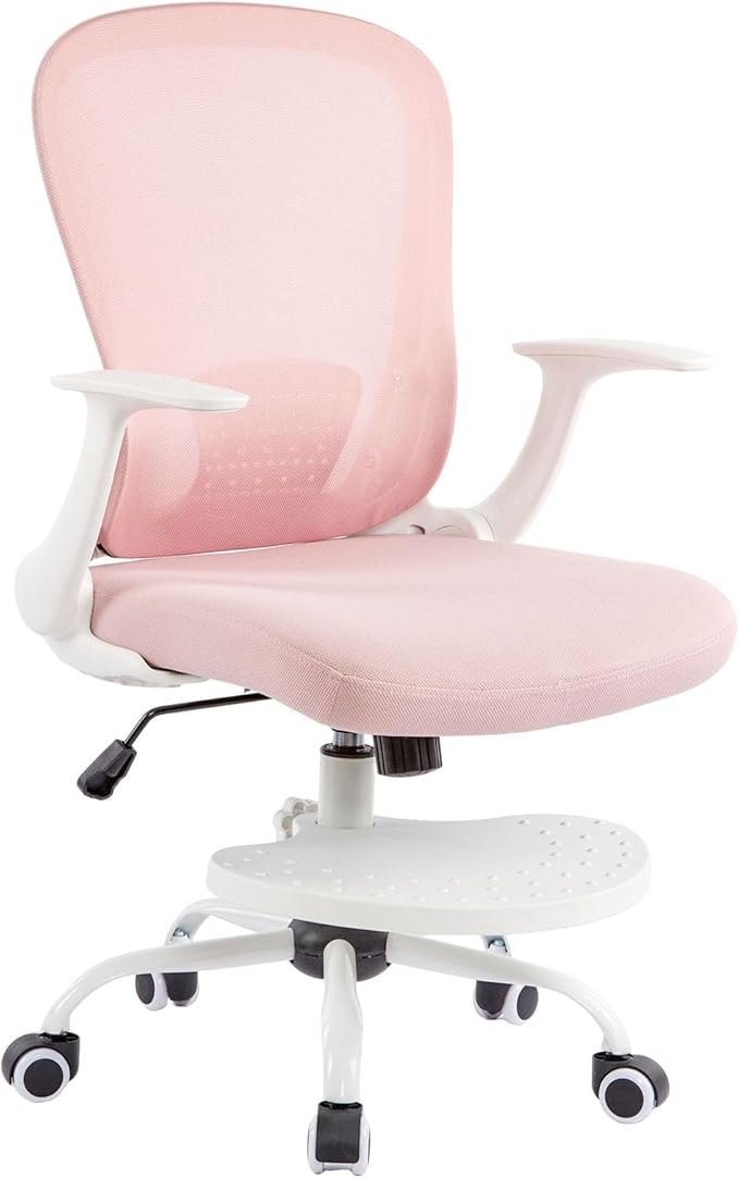 Kids Desk Chair Ergonomic Study Chair Swivel Mesh Desk Chair with Adjustable Arm Height Footrest Wheel Computer Home Office Chair for Children Boys Girls Students Bedroom School Age 5-13 Pink