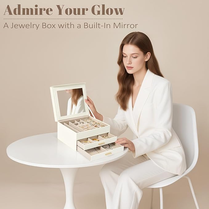 Amearea Jewelry Box Organizer for Women Girls with Mirror, 3-Layer Large Jewelry Storage Case, Synthetic Leather Jewelry Holder Organizer with Removable Tray for Necklaces Earrings Rings, White