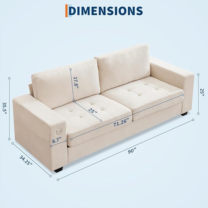 Garvee 90" Chenille Fabric Sofa Modern Comfort Sofa with USB/Type-C Ports, Deep Seat Cushions, Removable Cover, Wide Armrests Ideal for Living Rooms, Small Spaces, and Apartments - Beige