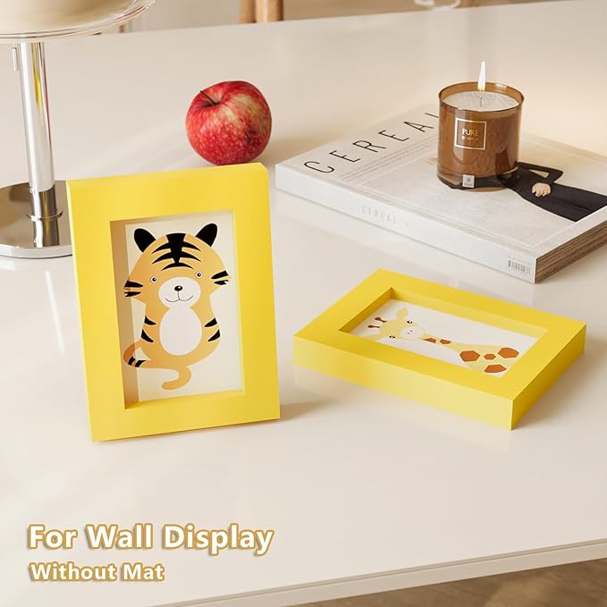 KINLINK 3.5x5 Picture Frames Yellow, Solid Wood Frames with Plexiglass for Table Top and Wall Display, Photo Frames for Horizontal or Vertical Display, 4 Pack