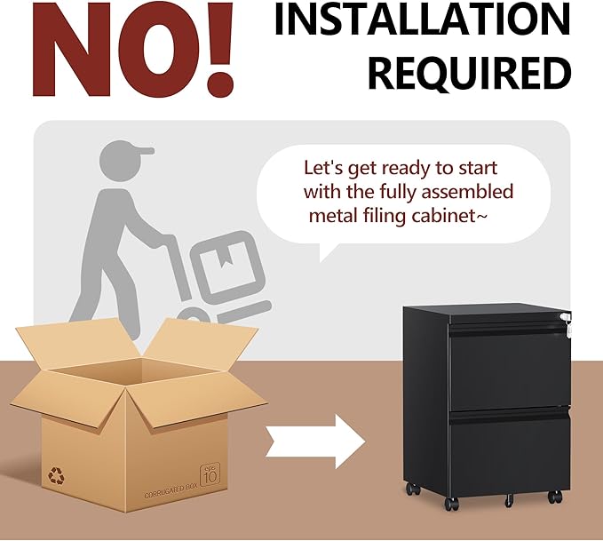 2 Drawer File Cabinet，Mobile Filing Cabinet with Lock and Wheels，Fully Assembled Metal Under Desk File Cabinets for A4/Letter/Legal Size（Black