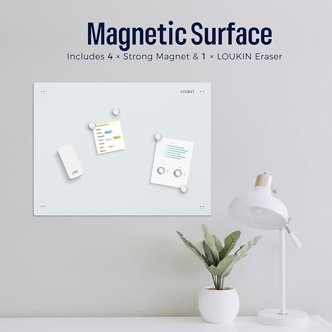 Loukin Glass Whiteboard for Wall, Magnetic Dry Erase Glass Board, Framless Surface White Board for Office, School, Dry Erase Whiteboard Set Includes Cleaner & Eraser & Marker (24" x 18")