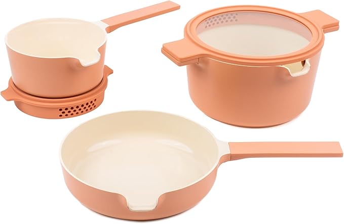 Alva Neat 5-Piece Nesting Cookware Set – Stackable Nonstick Pots & Pans with Universal Lids, Space-Saving Design for Apartments, RVs & Compact Storage - Save 50% Cabinet Space