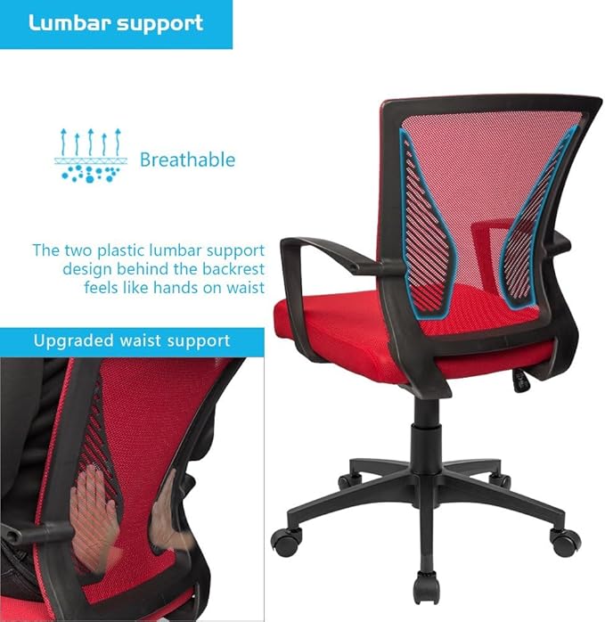 Furmax Office Chair Ergonomic Computer Desk Mesh Chair Mid Back Swivel Lumbar Support with Armrest (2, Red)