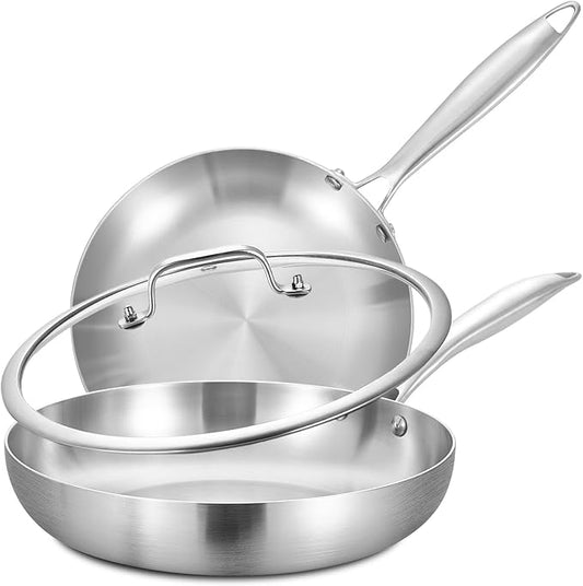 LOLYKITCH 8-12 Inch Tri-ply Stainless Steel Frying Pans Set with a Lid,Skillets,Induction Cooking Pans,Dishwasher and Oven Safe,Riveted Handle