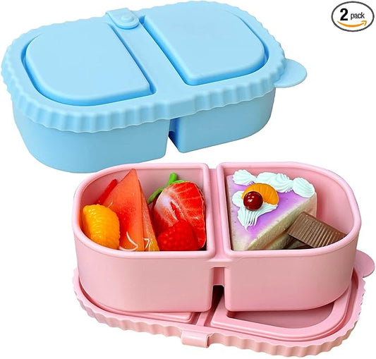Silicone Reusable Snack Containers with Lids, 2 Compartment 8 oz Food Storage Containers Snackle Condiment Boxes Salad Dressing Sauce Seasoning Small Box for Travel Office Picnic 2 Pack Blue Pink