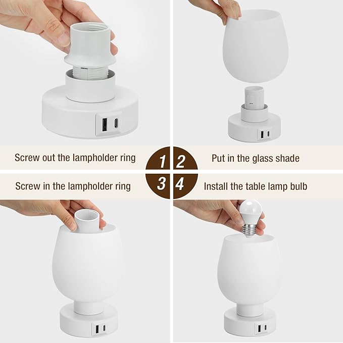 Touch Table Lamp for Nightstand - Bedside Lamp with USB C+A Charging Ports for Bedroom Living Room Night Stands, Desk Lamp with White Glass Shade for Small Spaces, 3 Way Dimmable, LED Bulbs, Gifts